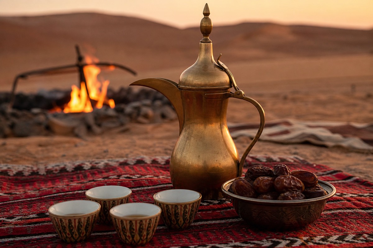 Coffee and dates offered as a traditional welcome in the Wahiba Sands desert