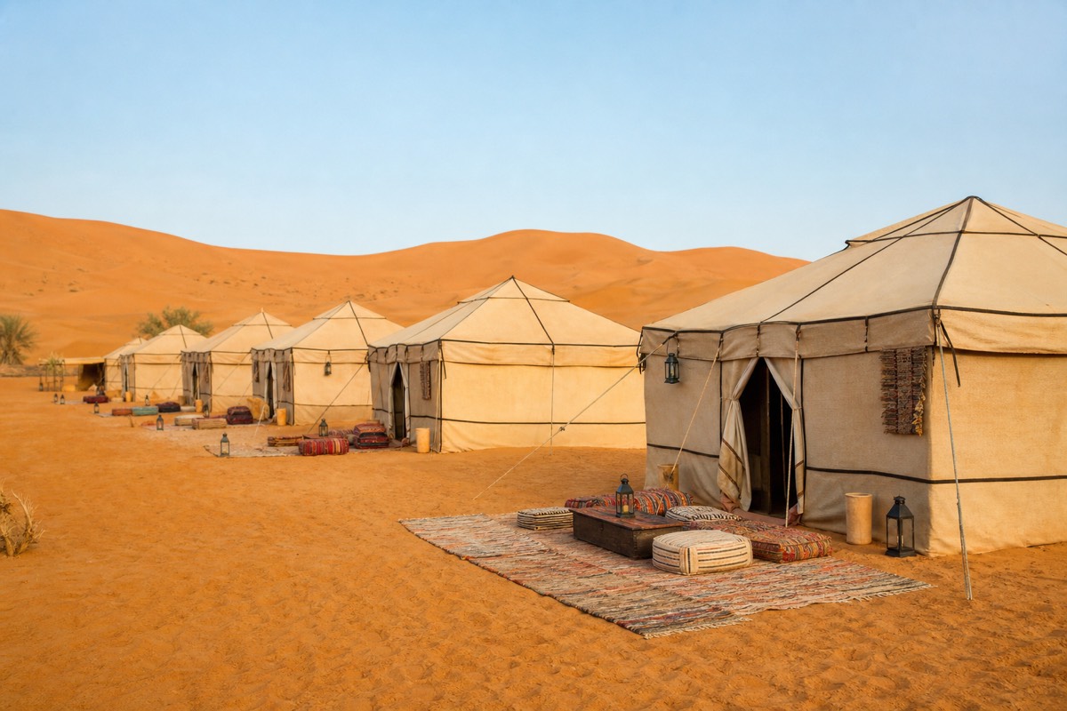 Wahiba Sands safety meets tradition in a cluster of Bedouin-style desert camp tents set among the dunes