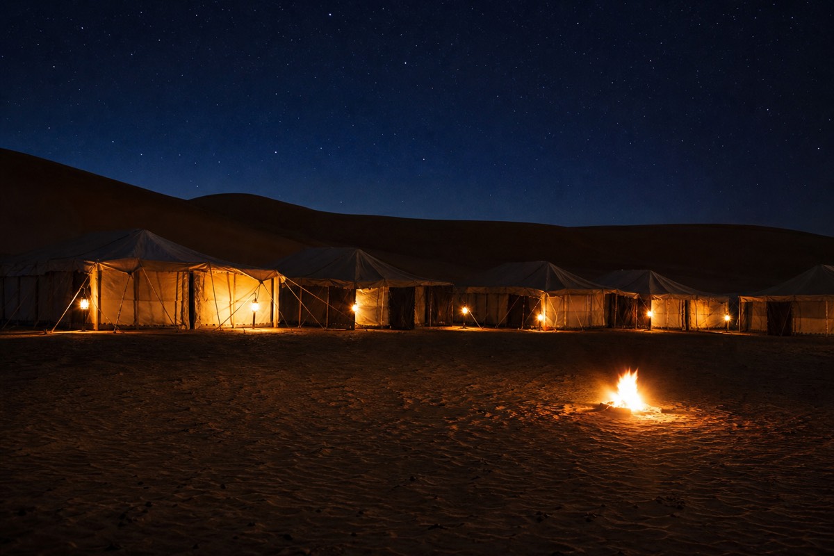 A desert camp lit up after dark in the Wahiba Sands desert