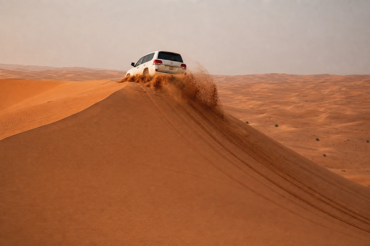 A 4x4 cresting a dune during one of the popular Wahiba Sands tours for dune-bashing drives