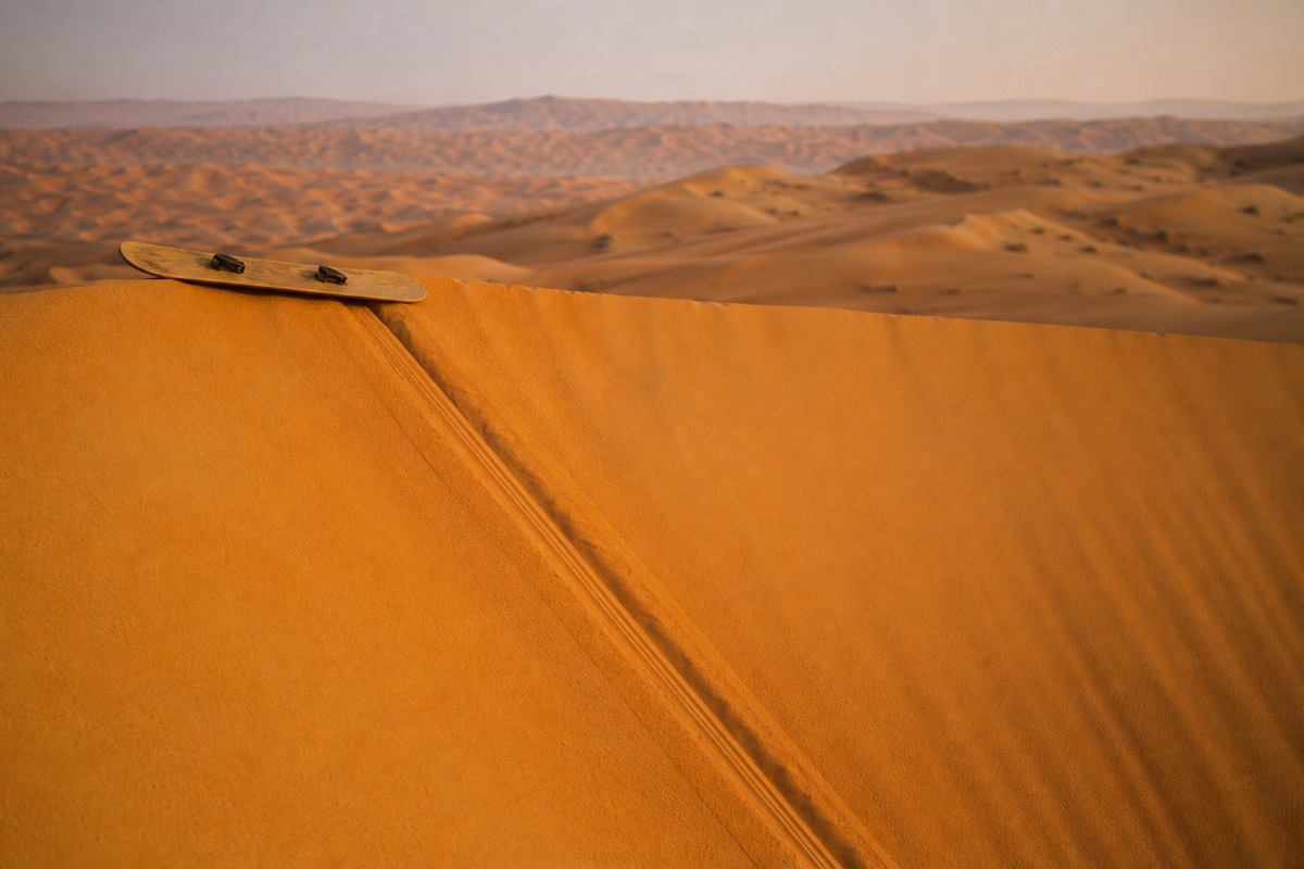 Sandboarding on a Wahiba Sands desert trip across the golden dunes of Oman